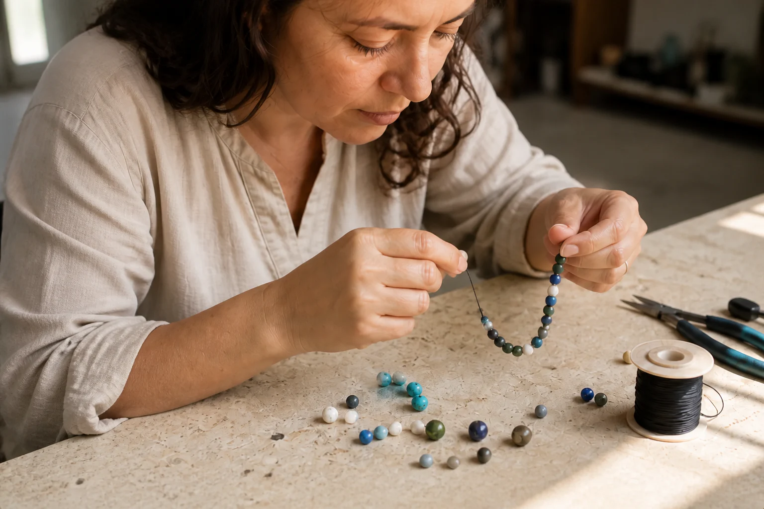 Artesana ensartando cuentas de piedras naturales en el atelier Triballe