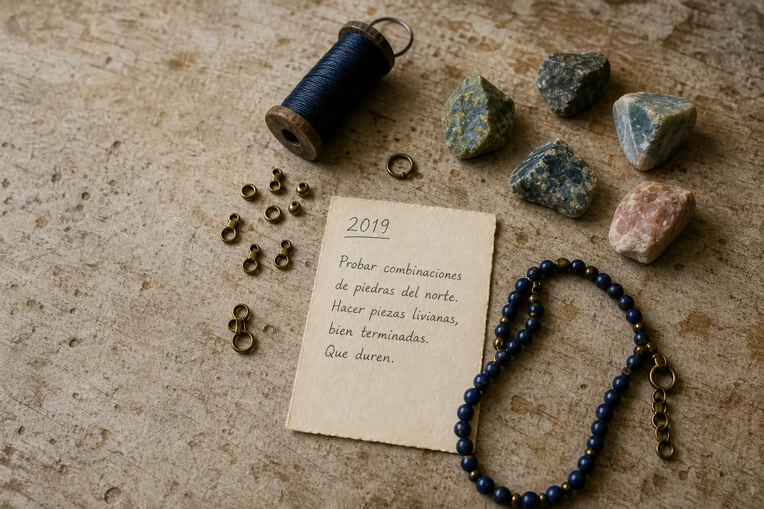 Mesa de trabajo de Triballe con piedras naturales, hilo azul y herramientas de joyería