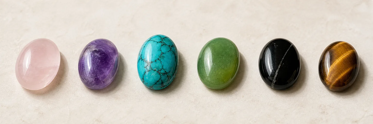Seis piedras naturales: cuarzo rosa, amatista, turquesa, jade, ónix y ojo de tigre