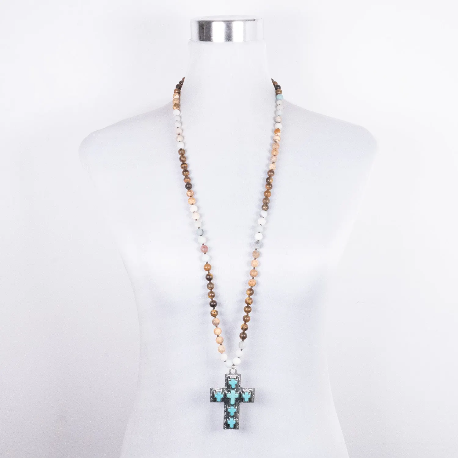 Collar Étnico con Cruz Jaspe, Ojo de Tigre y Amazonita