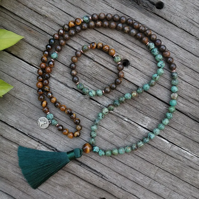 Conjunto Collar y Pulsera de Ojo de Tigre, Turquesa Africana y Broncita
