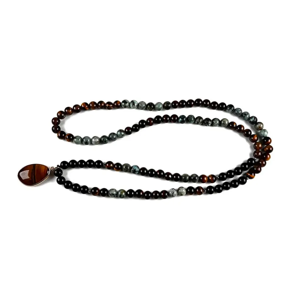 Collar de Intención Ónix y Turquesa Africana con Dije Ojo de Tigre