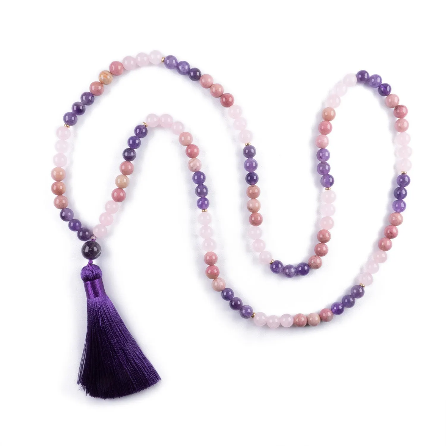 Collar de intención de cuarzo rosa, amatista y rodonita con borla púrpura