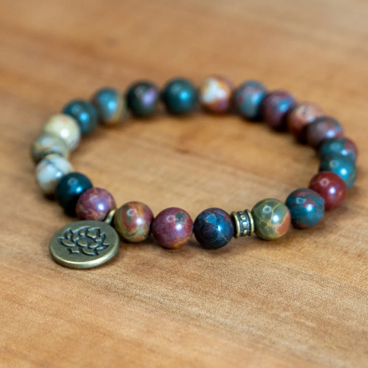 Pulsera de Jaspe Multicolor con Colgante Flor de Loto